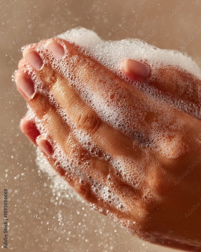 Fototapeta premium Elegant female hands washing with creamy soap foam, macro close-up showing smooth skin, subtle water droplets, soft natural light, luxury skincare concept, minimal beige background