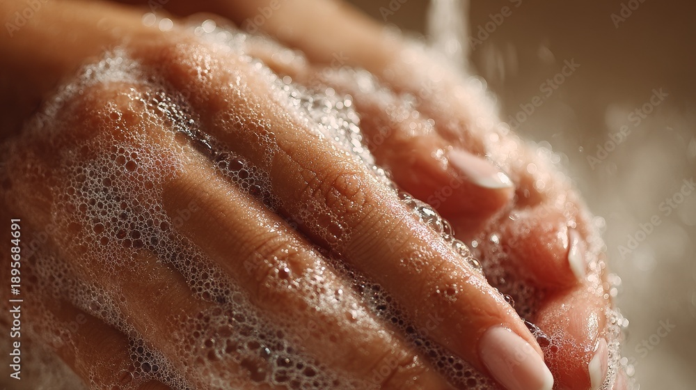 Fototapeta premium Elegant female hands washing with creamy soap foam, macro close-up showing smooth skin, subtle water droplets, soft natural light, luxury skincare concept, minimal beige background