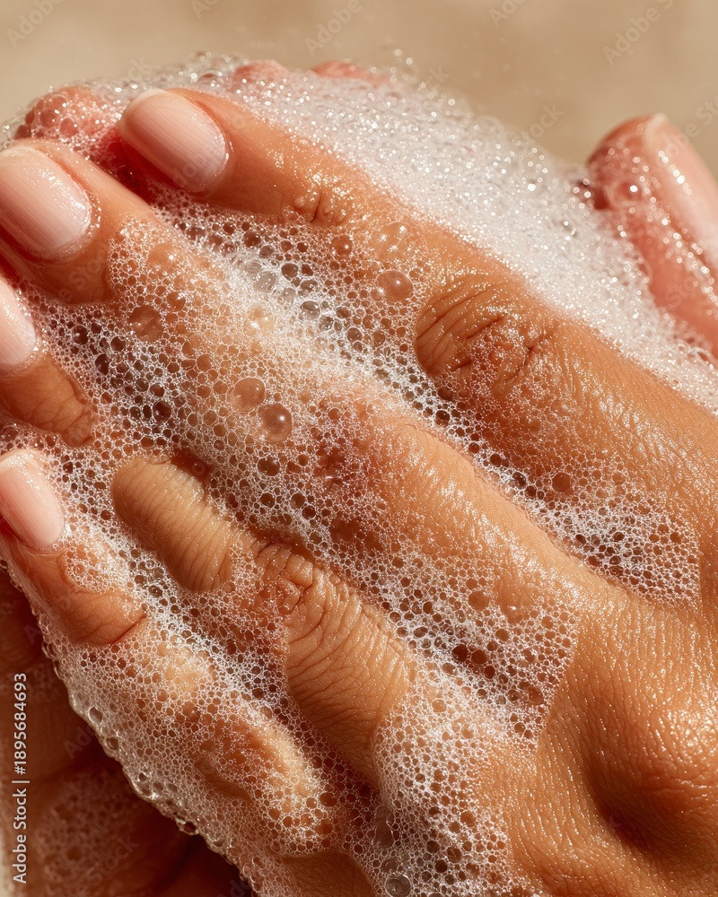 Obraz premium Elegant female hands washing with creamy soap foam, macro close-up showing smooth skin, subtle water droplets, soft natural light, luxury skincare concept, minimal beige background