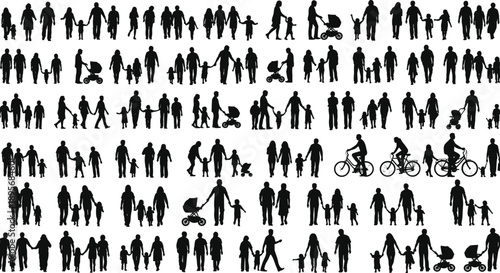 Family silhouette, caregiving figures, walking together, strollers, bicycles, children, parents, black icons, everyday life, social bonding, diverse family groups