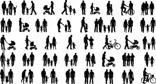 Family silhouettes, parents with children, walking, biking, strollers, outdoor activity, bonding moments, diverse families, black figures, gray background, lifestyle