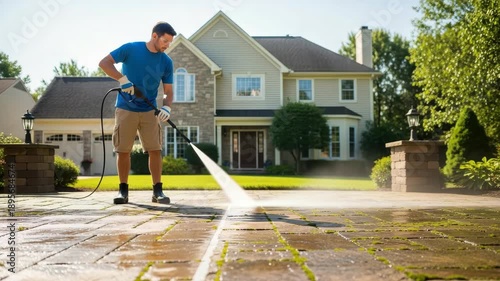 Man Pressure Washes Brick Paver Driveway In Front Of Large Two-story House On Sunny Day Showcasing Home Improvement Outdoor Cleaning Concepts