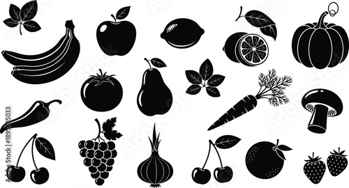 Fruit vegetable silhouettes, food icons, banana, apple, carrot, chili pepper, mushroom, grapes, grayscale background, nutrition design, healthy shape