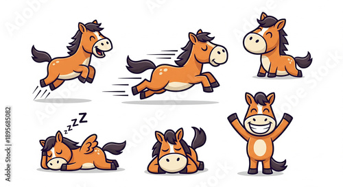  Funny cute cartoon horses flat vector illustration set for kids and farm design