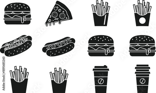 Black vector silhouette set of fast food icons including burgers pizza slices French fries hot dogs and takeaway coffee cups for restaurant menu design,
