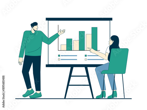 A man presents a business plan to a female intern displayed on a presentation board. Internship illustrations. Flat vector concepts.