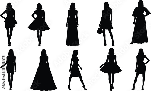 Vector set of black female fashion model silhouettes wearing various elegant dresses and stylish evening gowns for apparel design and retail marketing projects,