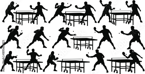 Vector silhouette set of professional table tennis players in various action poses with paddles and balls during a ping pong tournament match competition