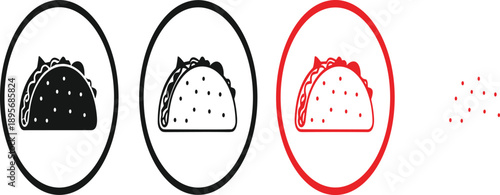 Vector illustration set of Mexican tacos in circular frames featuring black and red line art for restaurant menus food trucks and spicy ethnic cuisine design,