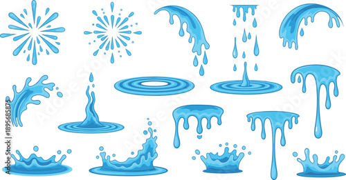 Complete Water Splash and Drip Vector Set with Ripples, Droplets and Liquid Effects
