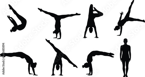 Gymnast silhouette poses, acrobatic movement, athletic flexibility, dynamic balance, handstand strength, flipping motion, dance energy, body control, grayscale background, sports art