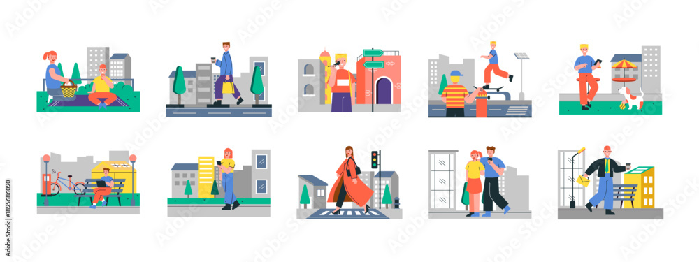 Fototapeta premium Set of 10 city life illustrations packs. Flat vector concepts.