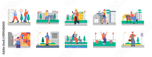 Set of 10 city life illustrations packs. Flat vector concepts.