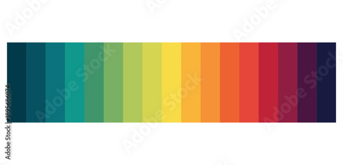 Vibrant rainbow color palette swatches featuring a smooth transition from deep teal and lime green to bright yellow, orange, and plum. Professional design guide for branding and web projects.