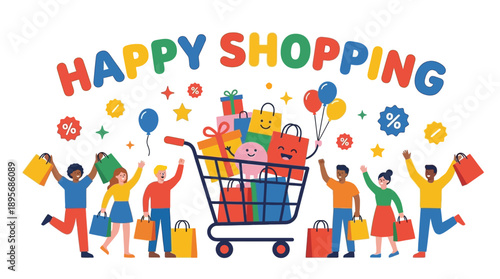 Exciting Shopping Event with Happy Shoppers in a Colorful Market Scene