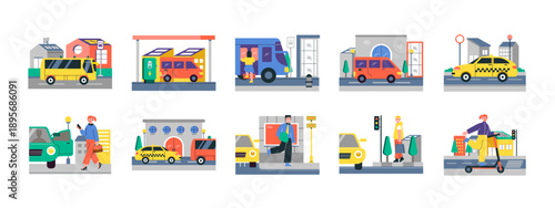 Set of 10 city life illustrations packs. Flat vector concepts.