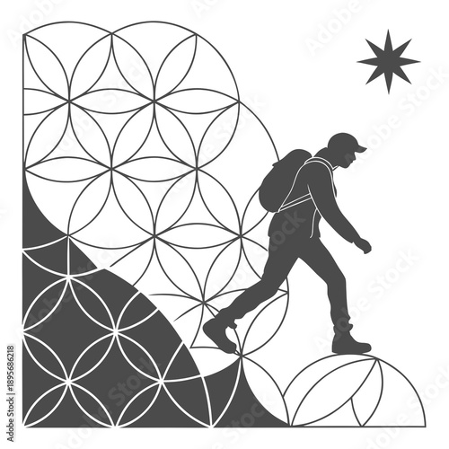 Silhouetted hiker ascending patterned terrain