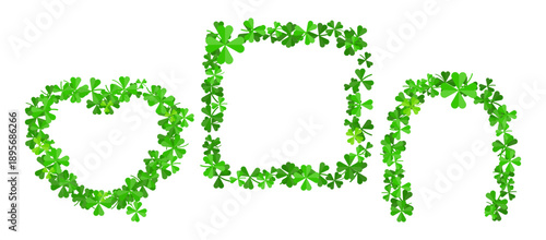 A set of clover-shaped frames isolated on a white background. Vector illustration of green shamrock wreaths. A symbol of good luck, a four-leaf clover, and a chance for success. St. Patrick's Day