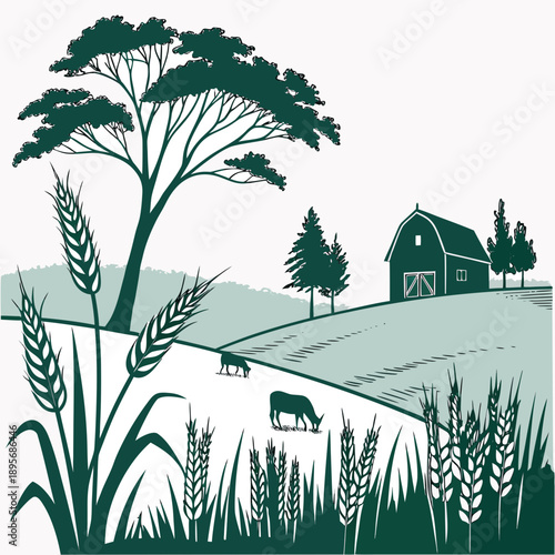 Rural farm landscape with barn and cows