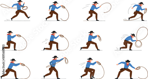 Cowboy lasso action pose character set western rodeo rope vector illustration
