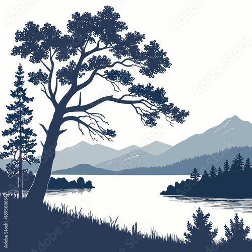 Serene lakeside tree silhouette