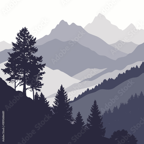 Silhouetted pine tree against mountain range