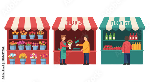 Colorful Market Stalls with Vendors and Products.