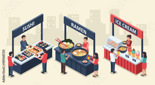 Food Stalls with Sushi Ramen Ice Cream.