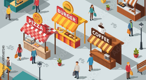 Isometric Food Stalls with People Shopping.