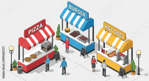 Food Carts with Pizza Burger and Sushi.
