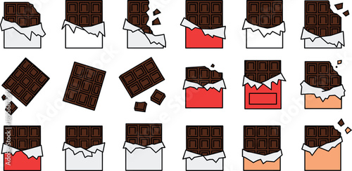 Chocolate bar opened wrapper variations with broken pieces vector candy illustration