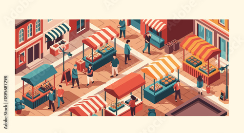 Vibrant Outdoor Market Scene with Stalls.