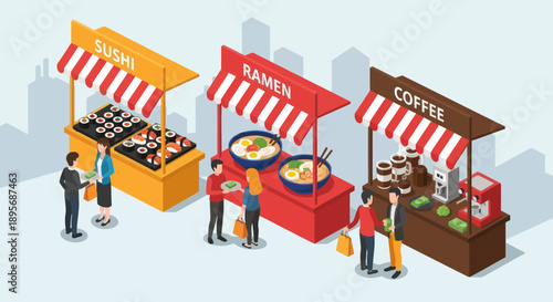 Street Food Stalls with Various Cuisines.