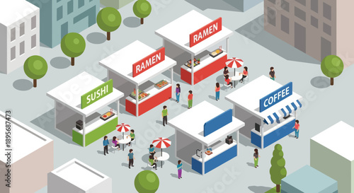 Colorful Food Stalls with People Shopping.