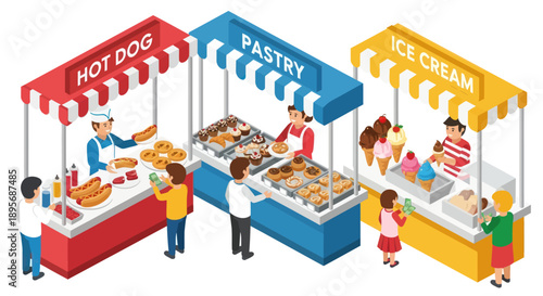 Colorful Food Stalls with People Shopping.