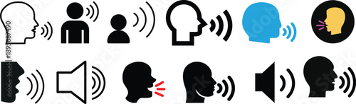 Diverse digital icon collection representing speaking, voice, and sound communication concepts Vector