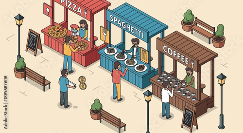 Street Food Stalls with People Shopping.