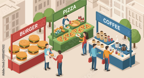 Food Stalls with Burgers Pizza and Coffee.