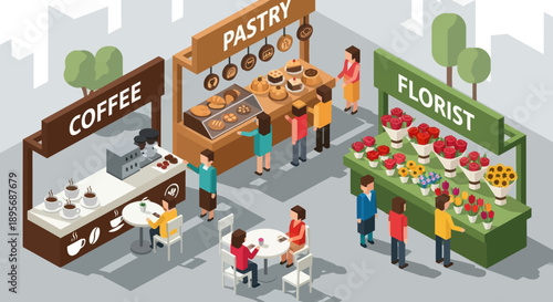 Vibrant Market Stalls with Coffee Pastry Florist.