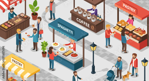 Vibrant Outdoor Market Scene with Food Stalls.