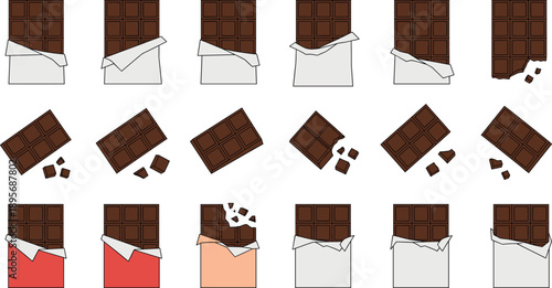 Chocolate bar wrapper and broken pieces vector set sweet dessert packaging illustration