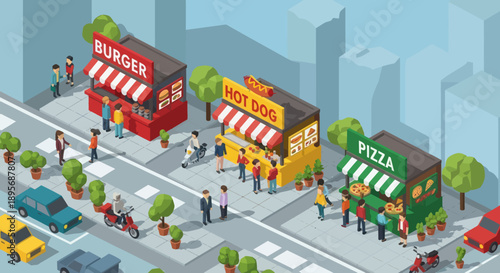 Isometric View of Restaurants and Street Scene.