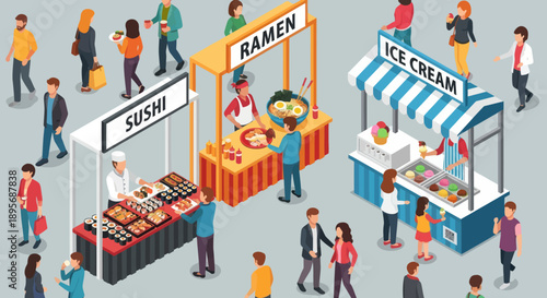 Street Food Stalls with Sushi Ramen Ice Cream.