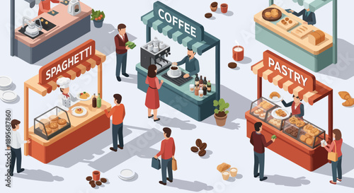 Isometric Food Stalls with Various Cuisine Options.