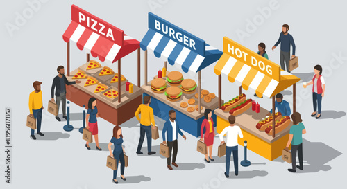 Street Food Vendors with Pizza Burger Hotdogs.