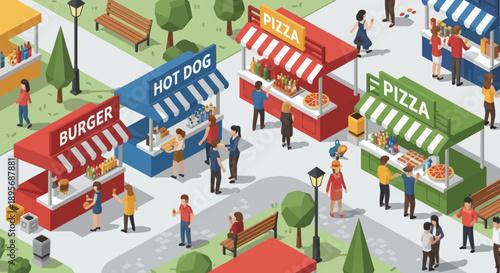 Vibrant Food Stalls at Outdoor Market Scene.