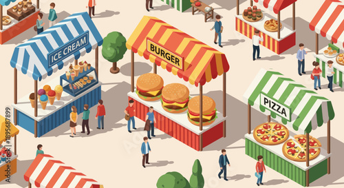 Colorful Food Stalls at Outdoor Market Scene.