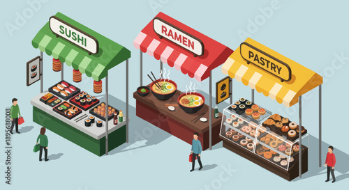 Isometric Food Stalls with Various Cuisine.
