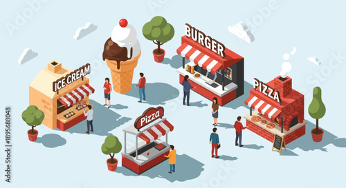 Isometric Food Carts and Restaurants Scene.