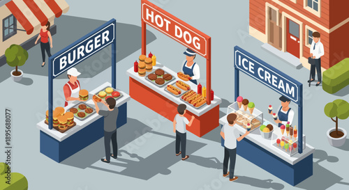 Food stalls with burger hot dog ice cream.
